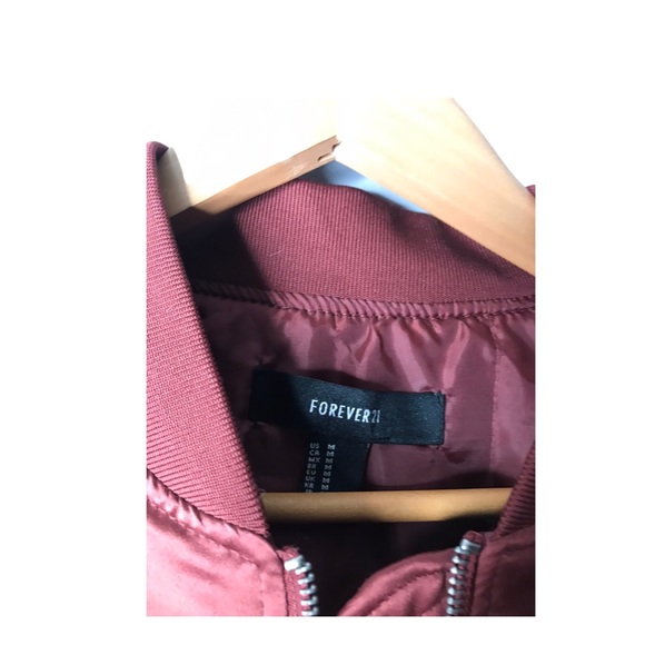 Forever 21 | Maroon satin bomber jacket lace up sleeves and back statement coat - Picture 4 of 11